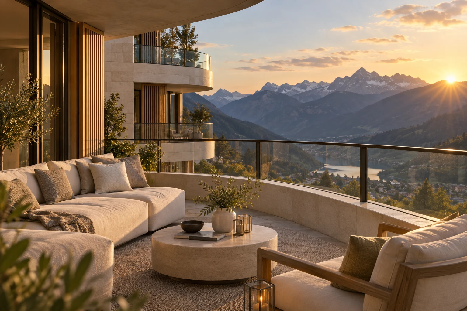 Terrasse généreuse avec mobilier de détente et panorama montagneux